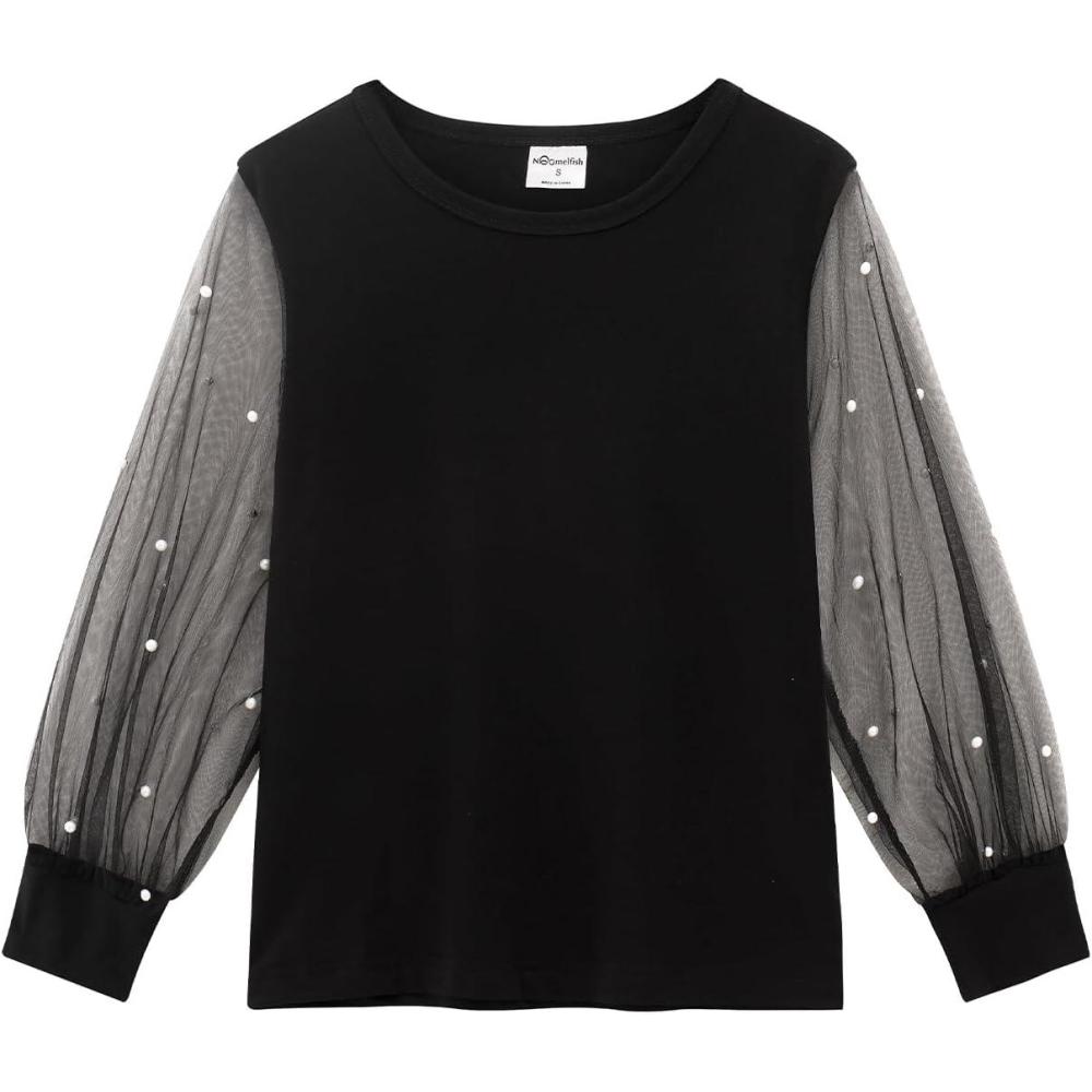imageNoomelfish Girls Mesh Long Sleeve TShirts Kids Cute Sheer Dressy Tops Blouse512 YearsPearl Black