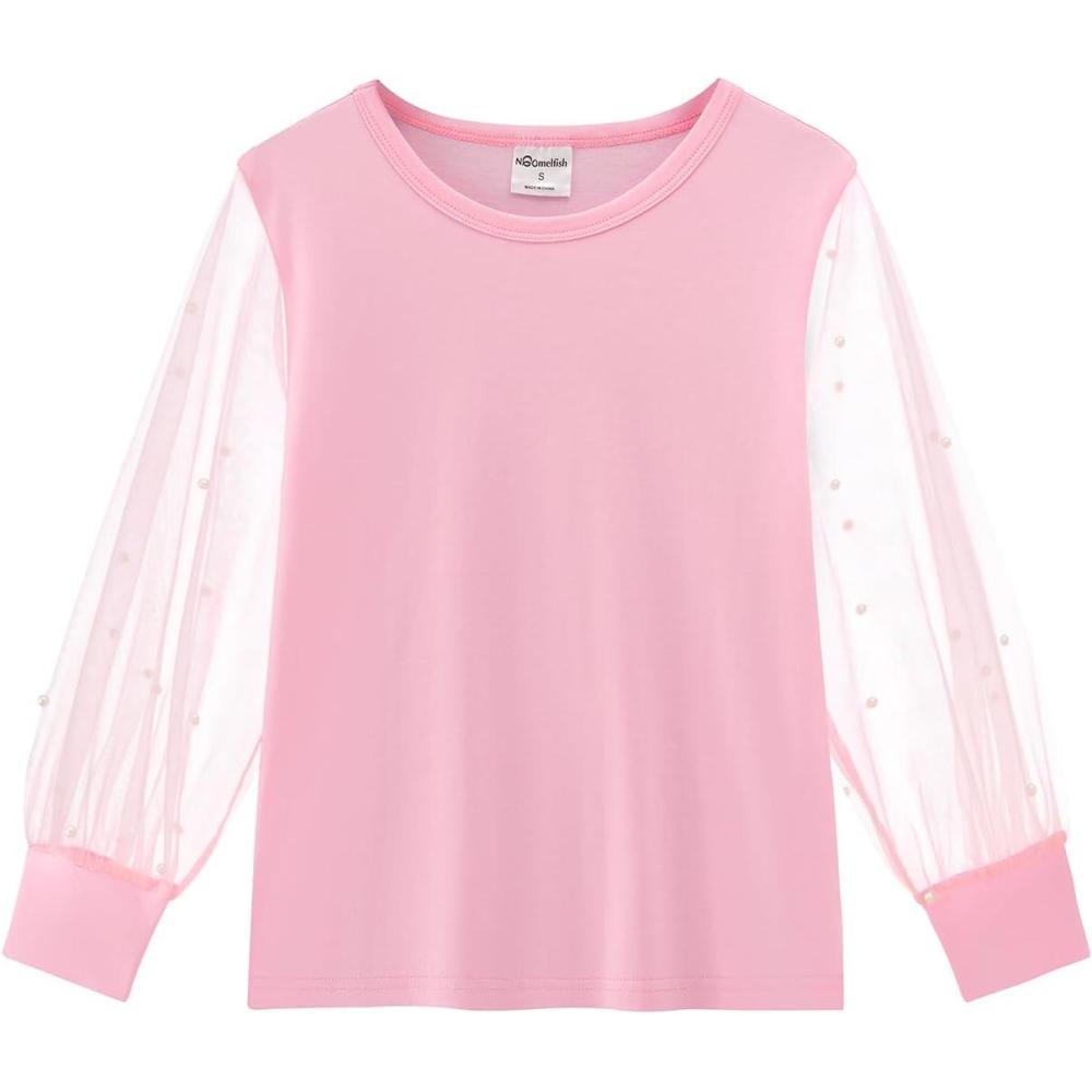 imageNoomelfish Girls Mesh Long Sleeve TShirts Kids Cute Sheer Dressy Tops Blouse512 YearsPearl Pink