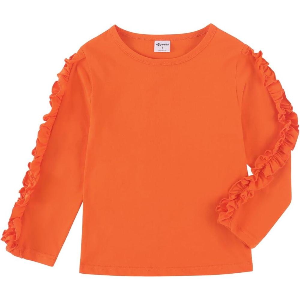 imageNoomelfish Girls Ruffle Long Sleeve TShirts Solid Color Tee Tops Blouse Orange Size 78 Years