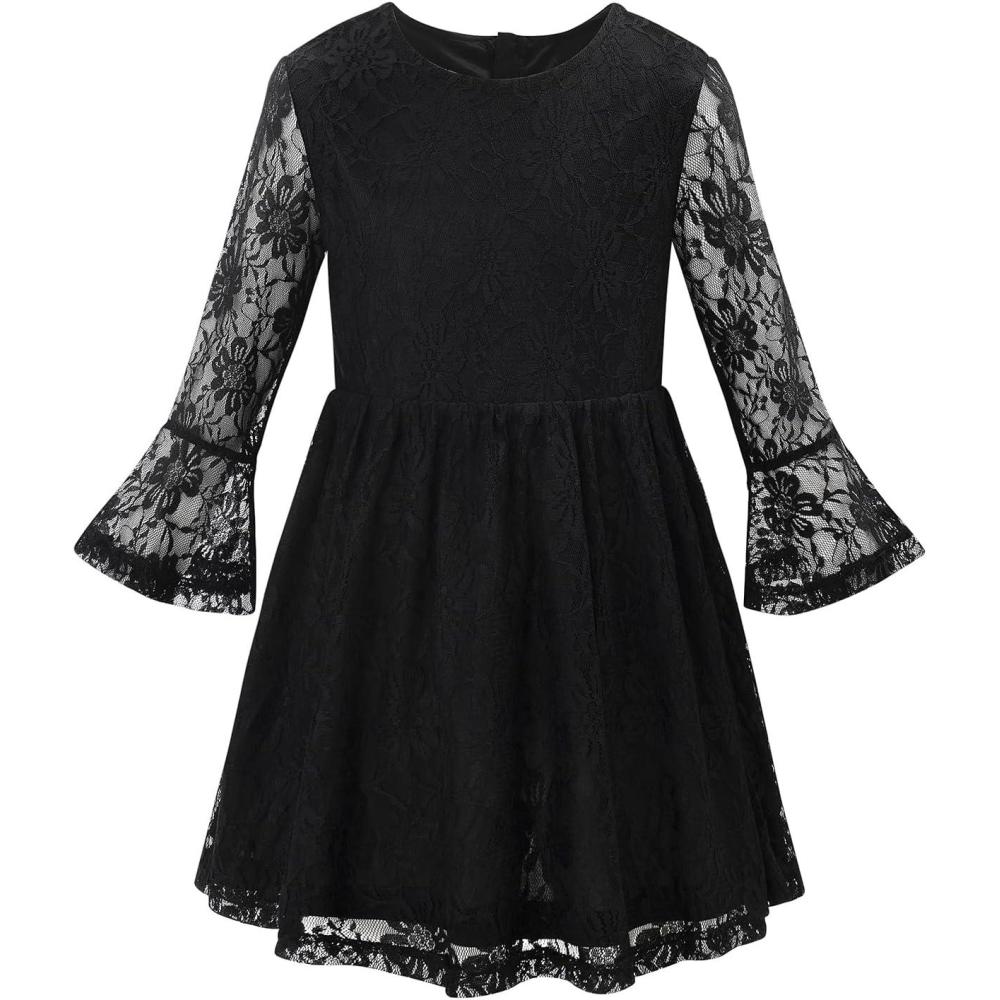 imageNoomelfish Toddler Bell Sleeve Lace Dress Long Sleeve Party Formal Wedding Flower Girl Dress 310 YearsBlack