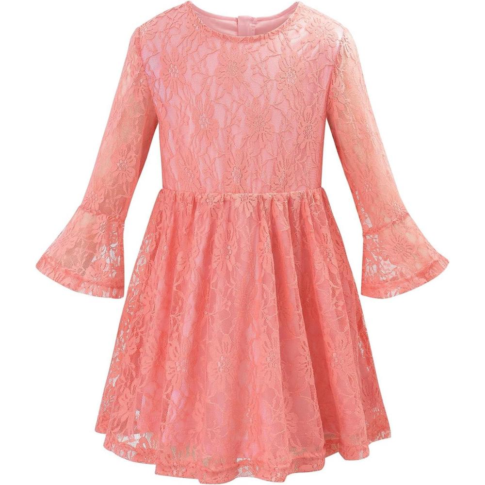 imageNoomelfish Toddler Bell Sleeve Lace Dress Long Sleeve Party Formal Wedding Flower Girl Dress 310 YearsPink