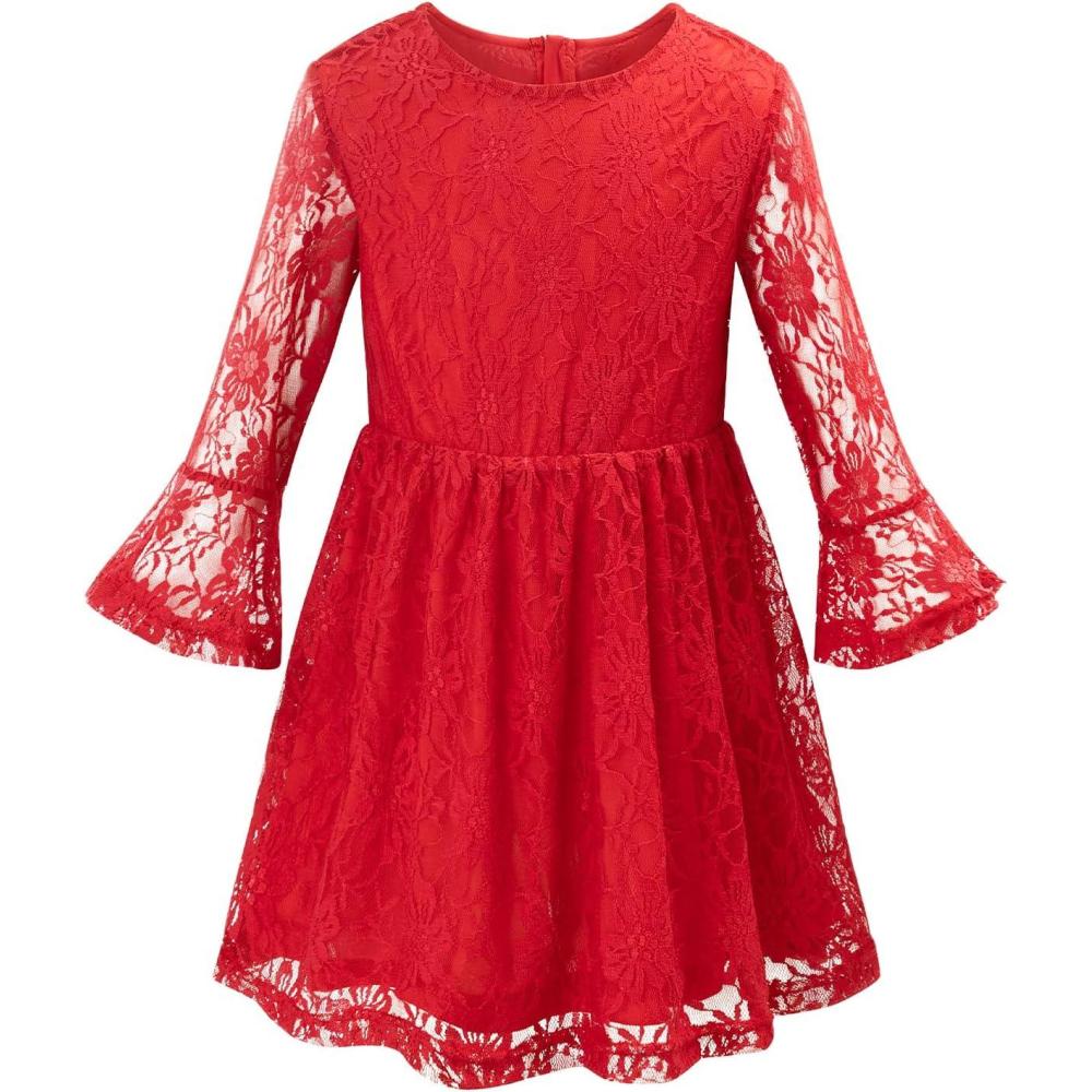 imageNoomelfish Toddler Bell Sleeve Lace Dress Long Sleeve Party Formal Wedding Flower Girl Dress 310 YearsRed