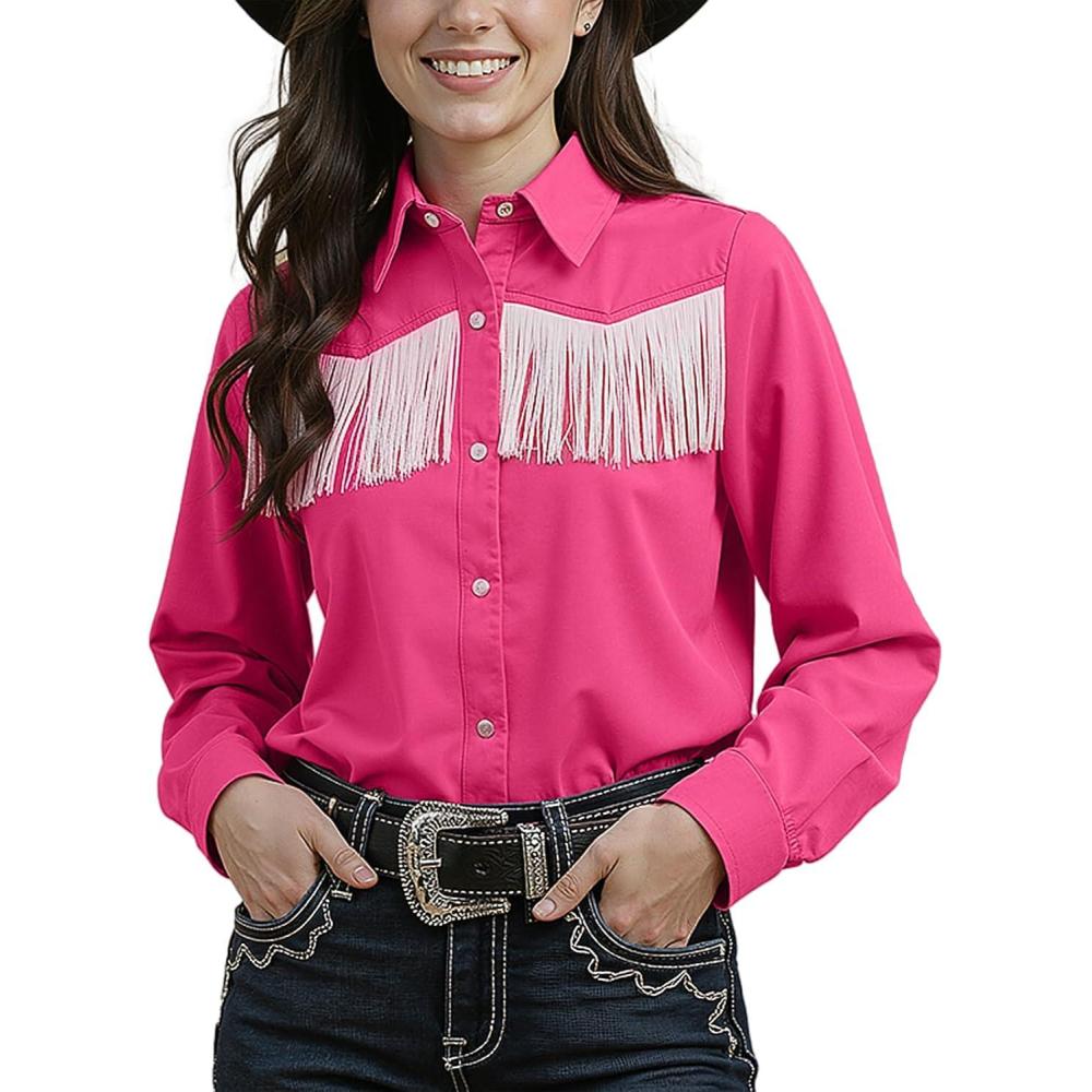 imageNoomelfish Womens Fringe Pearl Snap Western Shirt Long Sleeve Button Down Country Concert Nashville Cowgirl OutfitHot Pink