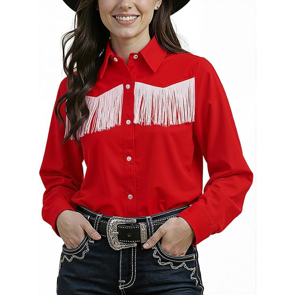 imageNoomelfish Womens Fringe Pearl Snap Western Shirt Long Sleeve Button Down Country Concert Nashville Cowgirl OutfitRed