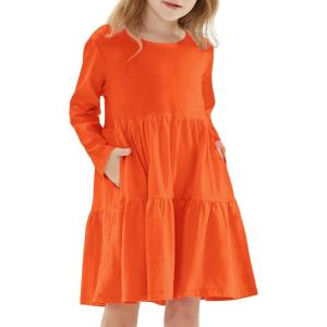 Noomelfish Girls Long Sleeve Tiered Dress Loose Flowy Ruffle Swing Dresses with Pockets, Orange, Size 11-12 Years