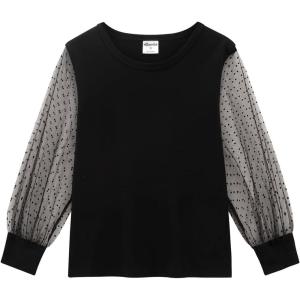 Noomelfish Girls Mesh Long Sleeve T-Shirts Kids Cute Sheer Dressy Tops Blouse(5-12 Years)(Black Dot)