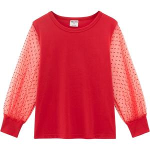 Noomelfish Girls Mesh Long Sleeve T-Shirts Kids Cute Sheer Dressy Tops Blouse(5-12 Years)(Dot Red)