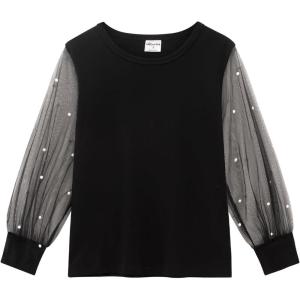 Noomelfish Girls Mesh Long Sleeve T-Shirts Kids Cute Sheer Dressy Tops Blouse(5-12 Years)(Pearl Black)