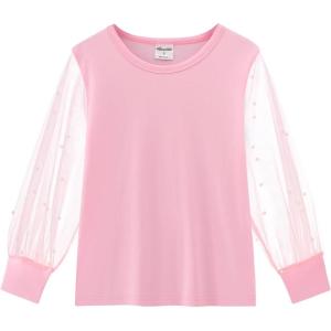 Noomelfish Girls Mesh Long Sleeve T-Shirts Kids Cute Sheer Dressy Tops Blouse(5-12 Years)(Pearl Pink)