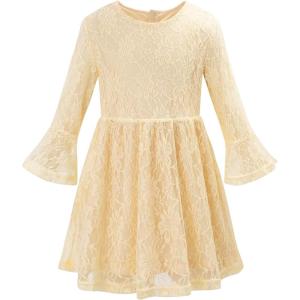 Noomelfish Toddler Bell Sleeve Lace Dress Long Sleeve Party Formal Wedding Flower Girl Dress (3-10 Years)(Beige)