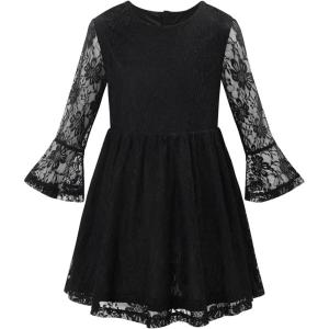 Noomelfish Toddler Bell Sleeve Lace Dress Long Sleeve Party Formal Wedding Flower Girl Dress (3-10 Years)(Black)