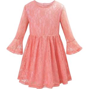 Noomelfish Toddler Bell Sleeve Lace Dress Long Sleeve Party Formal Wedding Flower Girl Dress (3-10 Years)(Pink)