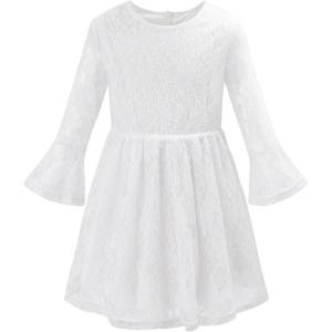 Noomelfish Toddler Bell Sleeve Lace Dress Long Sleeve Party Formal Wedding Flower Girl Dress (3-10 Years)(White)