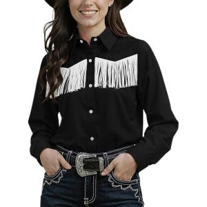 Noomelfish Womens Fringe Pearl Snap Western Shirt Long Sleeve Button Down Country Concert Nashville Cowgirl Outfit(Black)