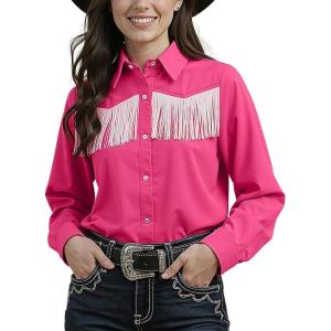Noomelfish Womens Fringe Pearl Snap Western Shirt Long Sleeve Button Down Country Concert Nashville Cowgirl Outfit(Hot Pink)