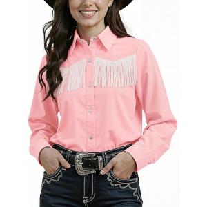 Noomelfish Womens Fringe Pearl Snap Western Shirt Long Sleeve Button Down Country Concert Nashville Cowgirl Outfit(Pink)