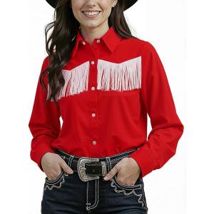 Noomelfish Womens Fringe Pearl Snap Western Shirt Long Sleeve Button Down Country Concert Nashville Cowgirl Outfit(Red)