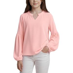 Noomelfish Girls Long Sleeve Shirts Chiffon Blouses Kids Cute V Neck Casual Loose Tops Tee (7-14 Years)(Pink)