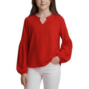 Noomelfish Girls Long Sleeve Shirts Chiffon Blouses Kids Cute V Neck Casual Loose Tops Tee (7-14 Years)(Red)