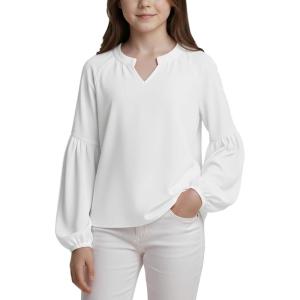 Noomelfish Girls Long Sleeve Shirts Chiffon Blouses Kids Cute V Neck Casual Loose Tops Tee (7-14 Years)(White)