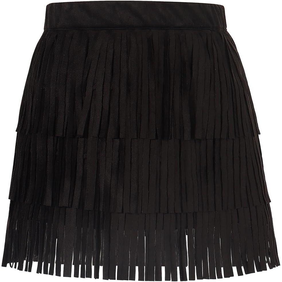 image:imageNoomelfish Girls and Women Suede Fringe Skirt Boho Tassel Layered Ruffle Skirt 512 YearsBlack