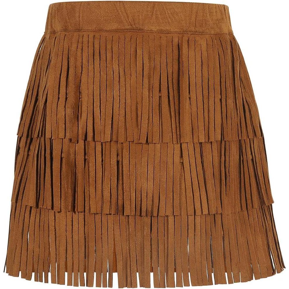 image:imageNoomelfish Girls and Women Suede Fringe Skirt Boho Tassel Layered Ruffle Skirt 512 YearsBrown