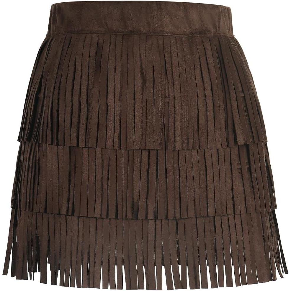 image:imageNoomelfish Girls and Women Suede Fringe Skirt Boho Tassel Layered Ruffle Skirt 512 YearsCoffee Brown