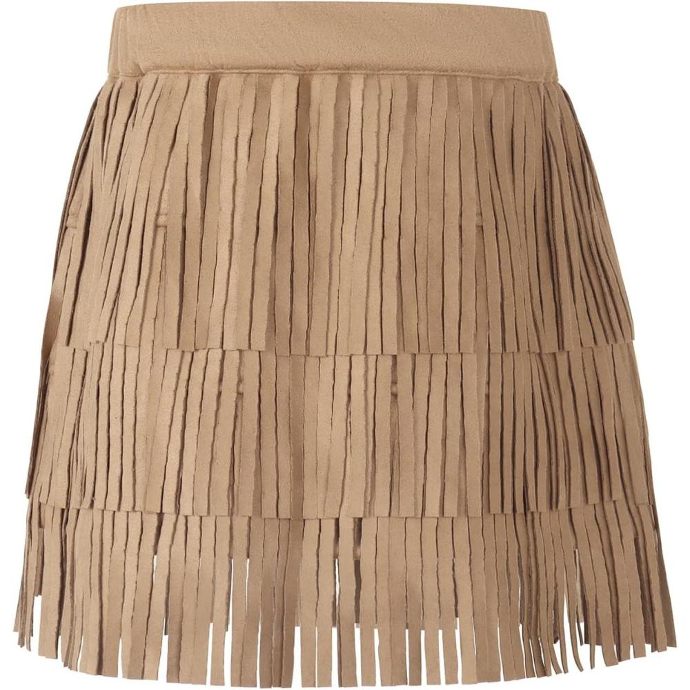 image:imageNoomelfish Girls and Women Suede Fringe Skirt Boho Tassel Layered Ruffle Skirt 512 YearsKhaki