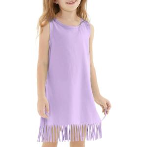 Noomelfish Girls Sleeveless Fringe Dress Cotton Summer Casual Sundress (3-12 Years)(Light Purple)