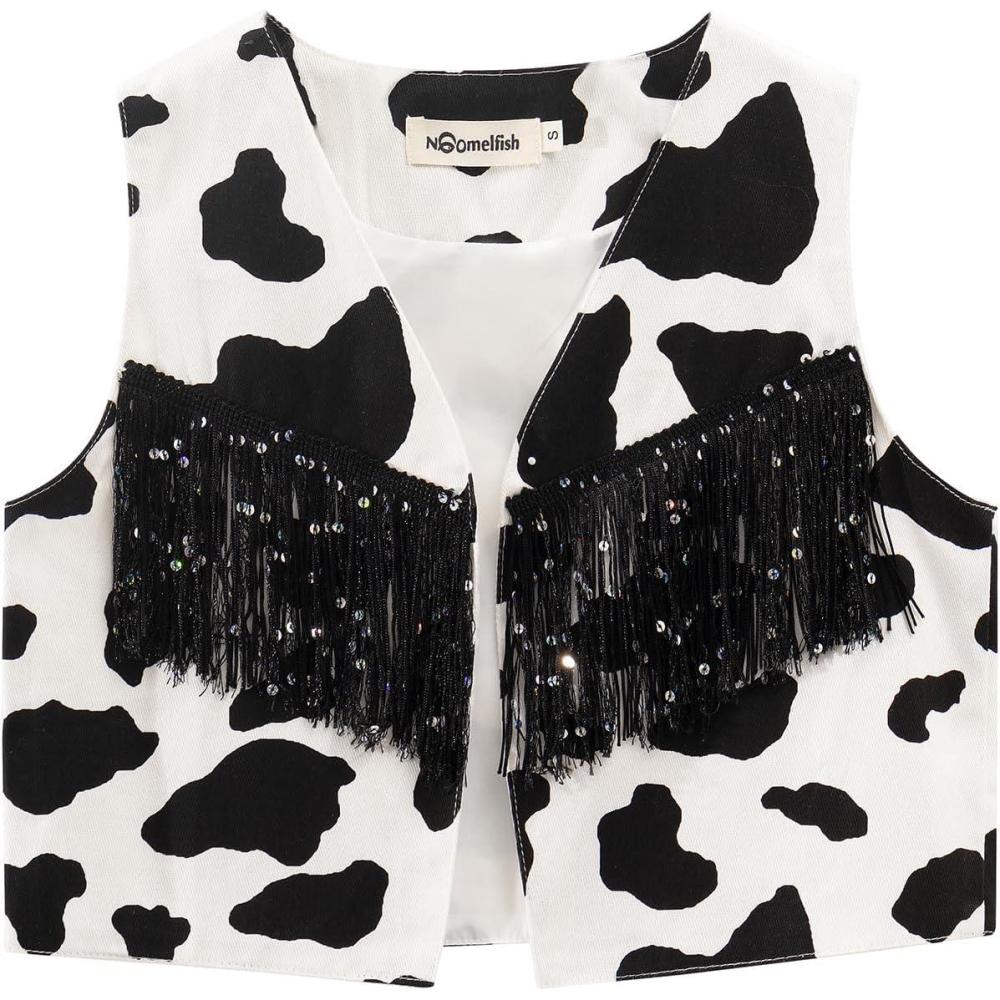 image:imageNoomelfish Girls Cow Print Sequin Fringe Vest Kids Sleeveless Tassels Rodeo Western Cowgirl Outfit 412 YearsBlack White CowBlack Fringe