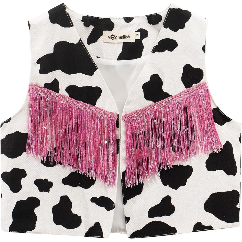 image:imageNoomelfish Girls Cow Print Sequin Fringe Vest Kids Sleeveless Tassels Rodeo Western Cowgirl Outfit 412 YearsBlack White CowPink Fringe