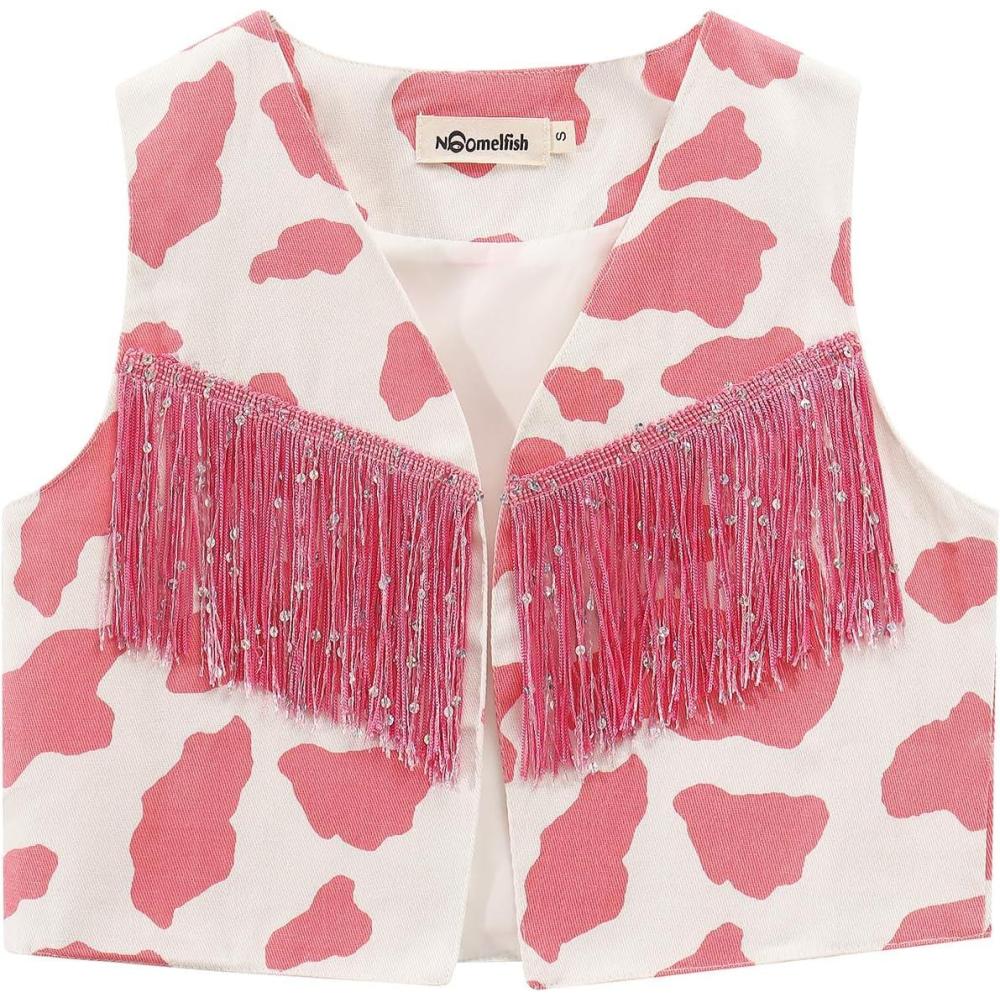 image:imageNoomelfish Girls Cow Print Sequin Fringe Vest Kids Sleeveless Tassels Rodeo Western Cowgirl Outfit 412 YearsPink White CowPink Fringe