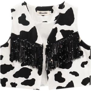 Noomelfish Girls Cow Print Sequin Fringe Vest Kids Sleeveless Tassels Rodeo Western Cowgirl Outfit (4-12 Years)(Black White Cow/Black Fringe)