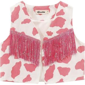 Noomelfish Girls Cow Print Sequin Fringe Vest Kids Sleeveless Tassels Rodeo Western Cowgirl Outfit (4-12 Years)(Pink White Cow/Pink Fringe)