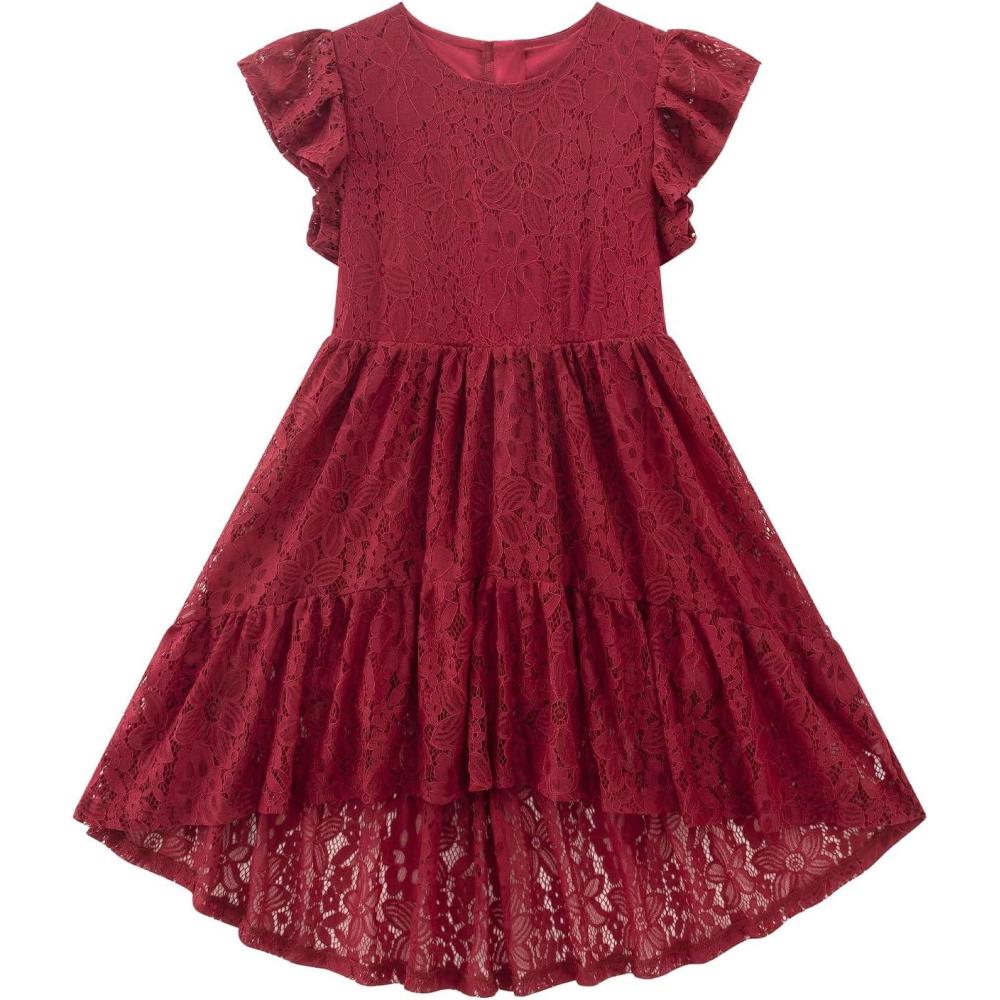 image:imageNoomelfish Girls Lace High Low Boho Dress Short Sleeve Western Party Formal Maxi Dresses 512 YearsWine Red