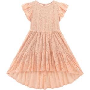 Noomelfish Girls Lace High Low Boho Dress Short Sleeve Western Party Formal Maxi Dresses (5-12 Years)(Pink)
