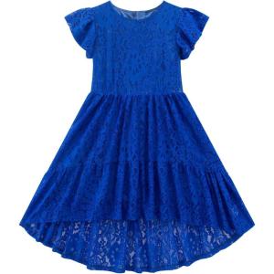 Noomelfish Girls Lace High Low Boho Dress Short Sleeve Western Party Formal Maxi Dresses (5-12 Years)(Royal Blue)