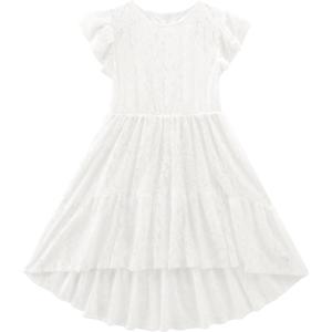 Noomelfish Girls Lace High Low Boho Dress Short Sleeve Western Party Formal Maxi Dresses (5-12 Years)(White)