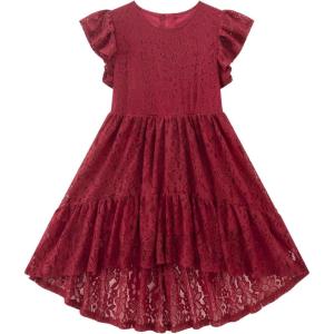 Noomelfish Girls Lace High Low Boho Dress Short Sleeve Western Party Formal Maxi Dresses (5-12 Years)(Wine Red)
