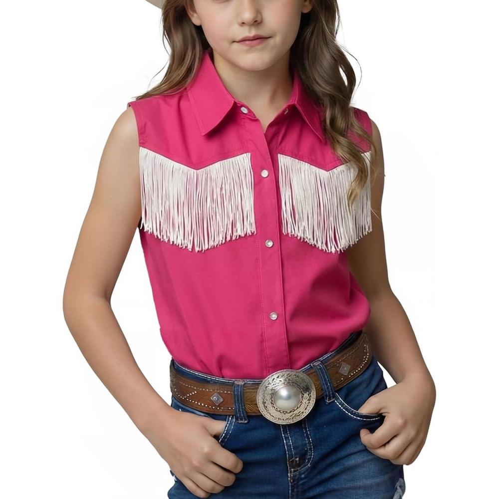 image:imageNoomelfish Girls Fringe Western Shirt Pearl Snap Button Down Cowgirl Outfits Sleeveless Blouse Tops 514 YearsHot Pink