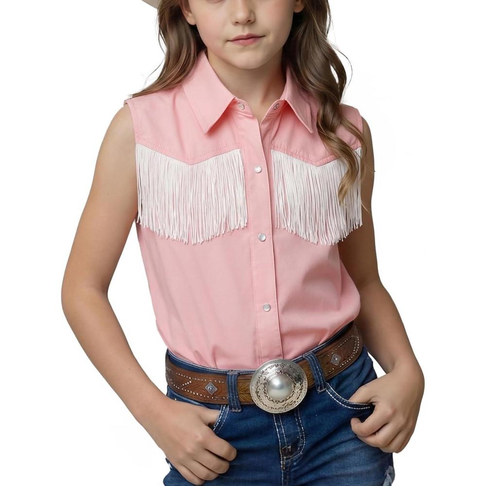image:imageNoomelfish Girls Fringe Western Shirt Pearl Snap Button Down Cowgirl Outfits Sleeveless Blouse Tops 514 YearsPink