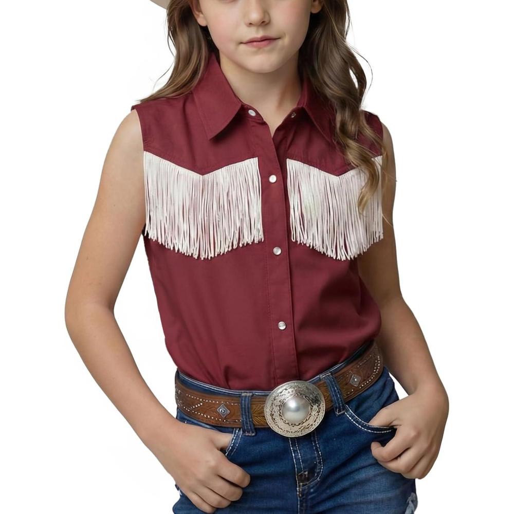 image:imageNoomelfish Girls Fringe Western Shirt Pearl Snap Button Down Cowgirl Outfits Sleeveless Blouse Tops 514 YearsWine Red