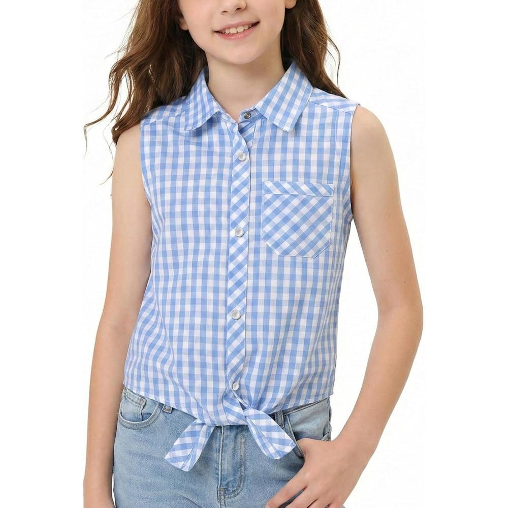 image:imageNoomelfish Girls Pearl Snap Tie Knot Western Shirt Button Down Sleeveless Blouse Cowgirl Outfit 512 YearsSnap Blue Check Gingham