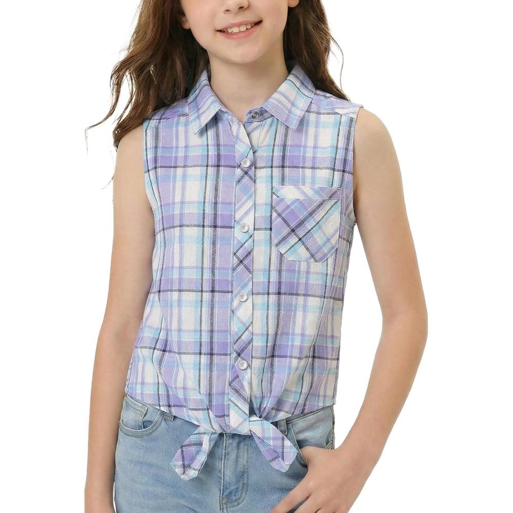 image:imageNoomelfish Girls Pearl Snap Tie Knot Western Shirt Button Down Sleeveless Blouse Cowgirl Outfit 512 YearsSnap Plaid Light Purple