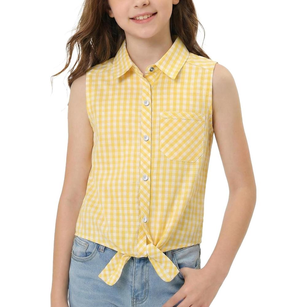 image:imageNoomelfish Girls Pearl Snap Tie Knot Western Shirt Button Down Sleeveless Blouse Cowgirl Outfit 512 YearsSnap Yellow Check Gingham