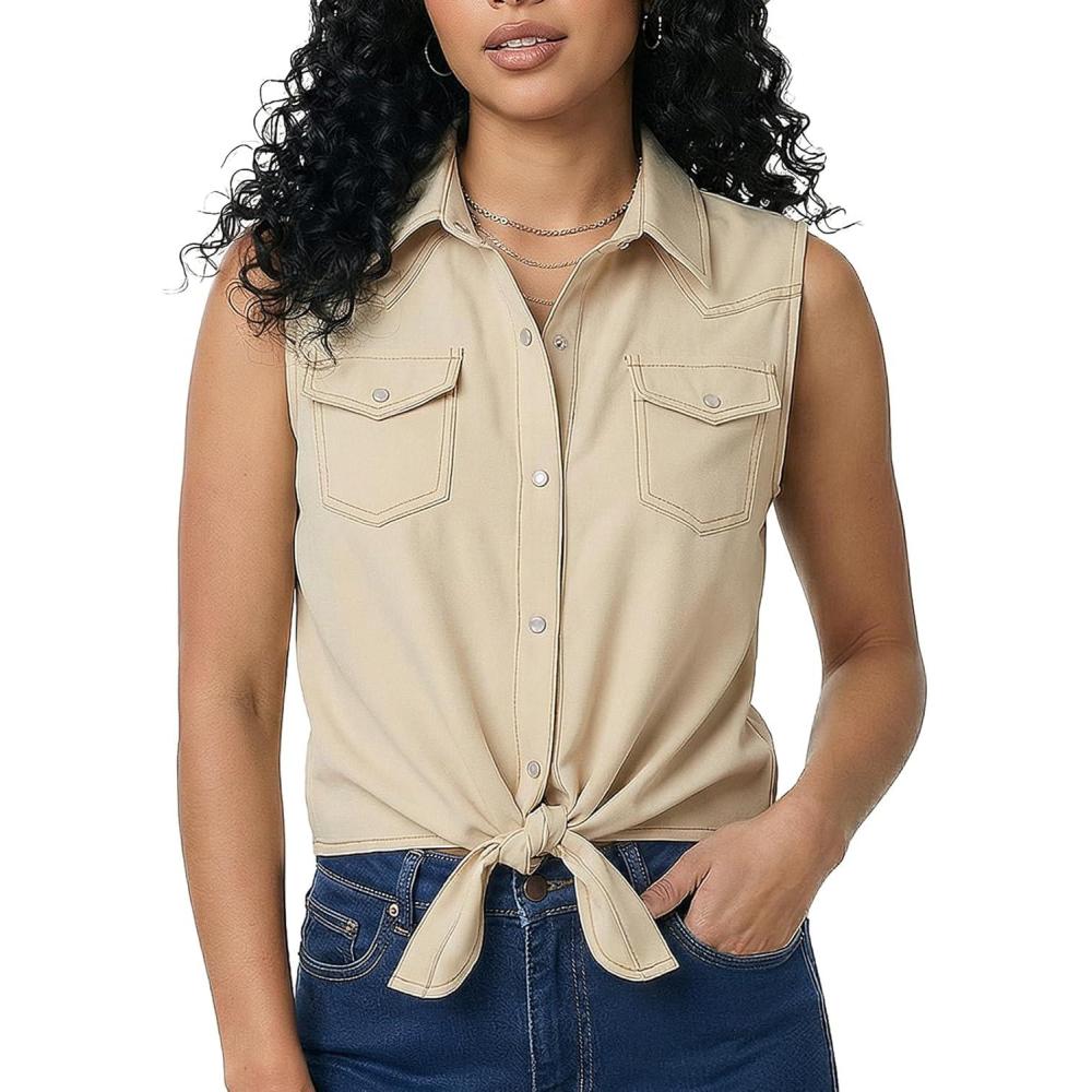 image:imageNoomelfish Womens Denim Tie Front Snap Button Down Shirt Sleeveless Jean Western Country Concert Cowgirl OutfitBeige