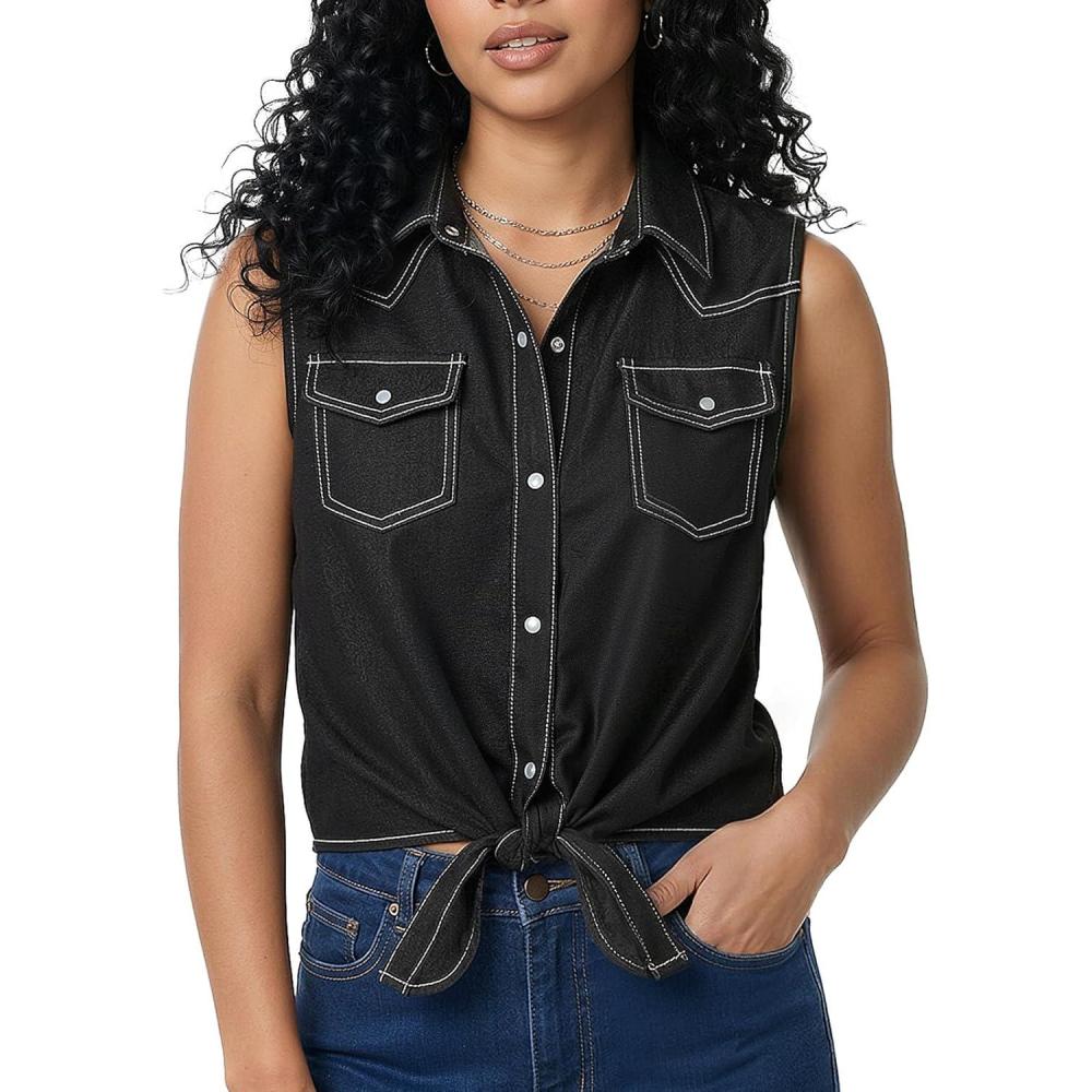 image:imageNoomelfish Womens Denim Tie Front Snap Button Down Shirt Sleeveless Jean Western Country Concert Cowgirl OutfitCoal Black
