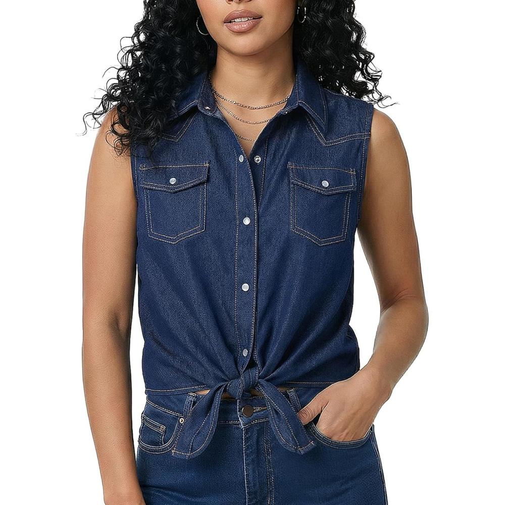 image:imageNoomelfish Womens Denim Tie Front Snap Button Down Shirt Sleeveless Jean Western Country Concert Cowgirl OutfitDark Blue
