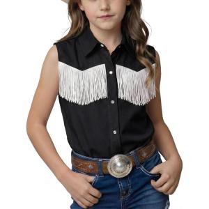 Noomelfish Girls Fringe Western Shirt Pearl Snap Button Down Cowgirl Outfits Sleeveless Blouse Tops (5-14 Years)(Black)