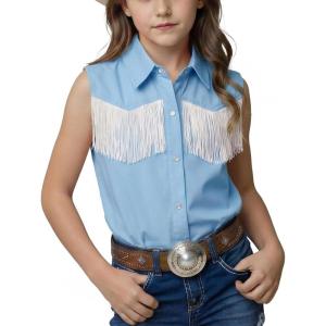 Noomelfish Girls Fringe Western Shirt Pearl Snap Button Down Cowgirl Outfits Sleeveless Blouse Tops (5-14 Years)(Blue)